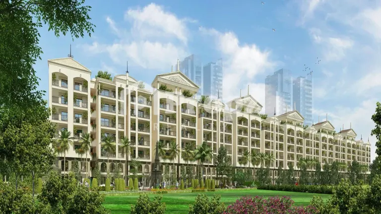 Angled view of the residential complex with classical pediments, balconies with greenery, and high-rise towers behind