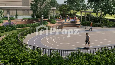 Outdoor running track with landscaped gardens and children's play area at Brigade Belvedere