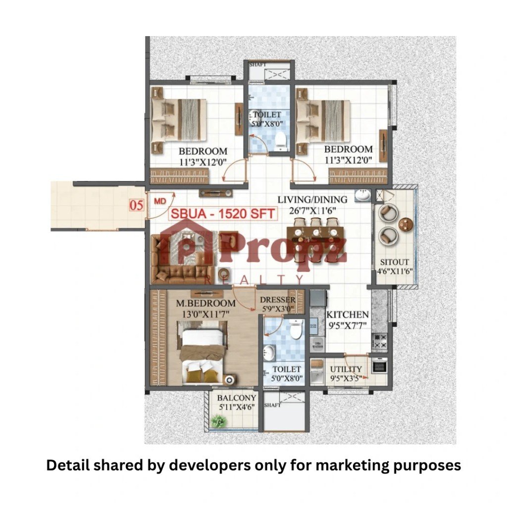 3 BHK 2T floor plan — Amrutha Lake Vista