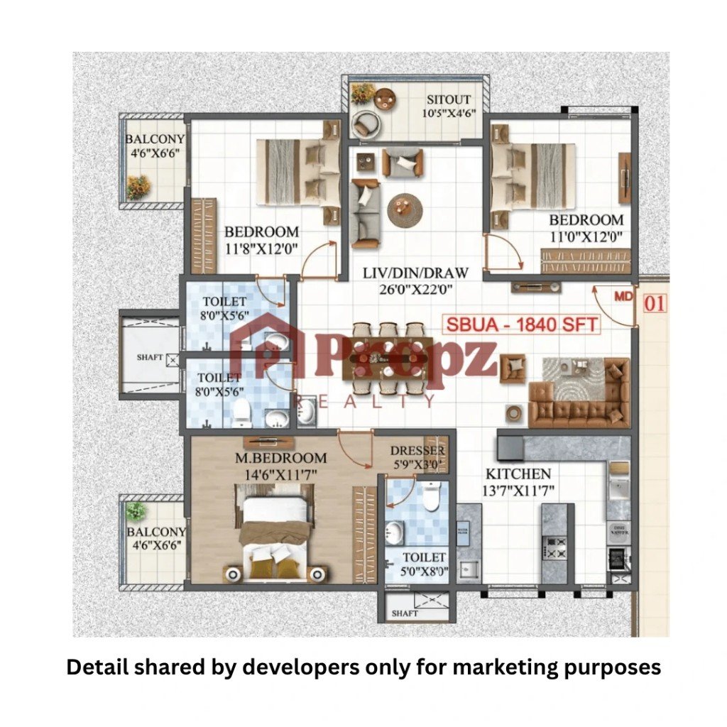 3 BHK 3T floor plan — Amrutha Lake Vista