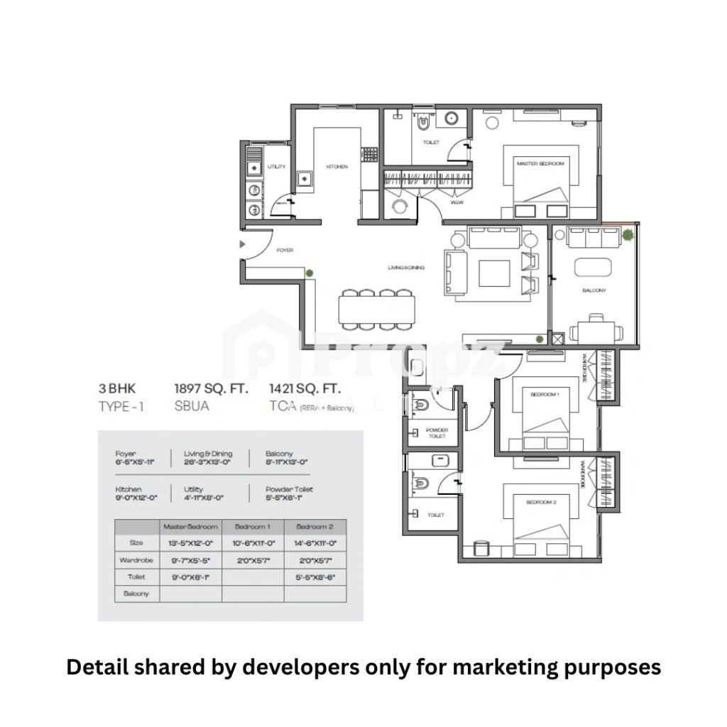 3 BHK floor plan — Assetz Meru & Meadow