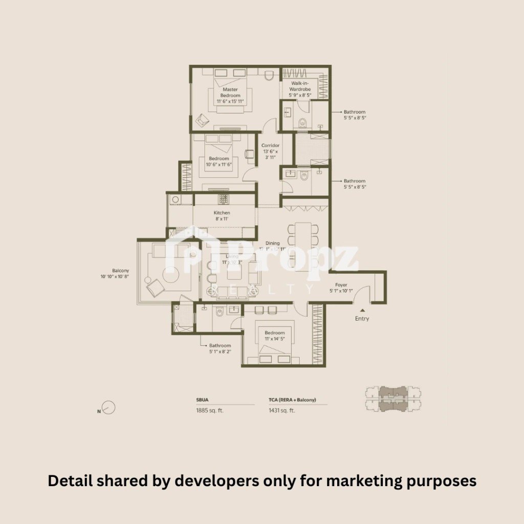 3 BHK (compact) floor plan — Assetz Trees & Tandem