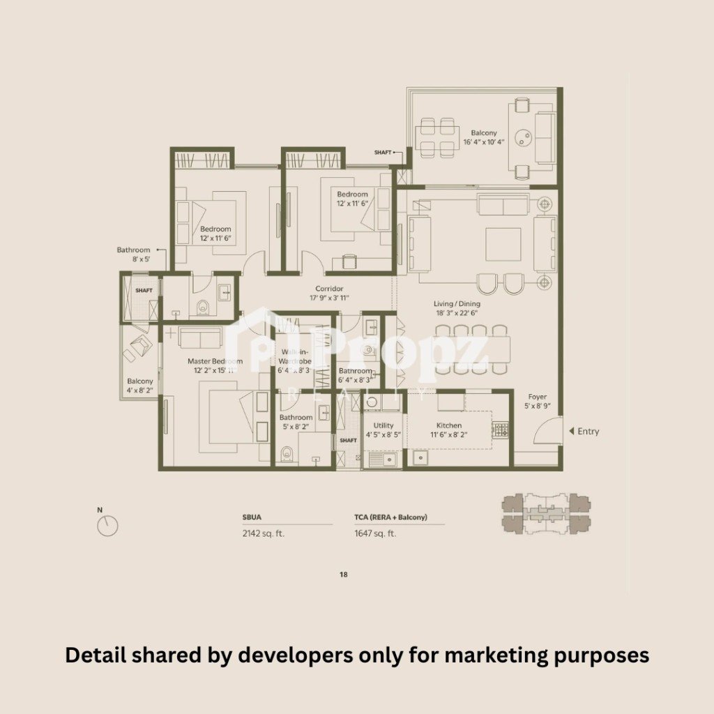 3 BHK (large) floor plan — Assetz Trees & Tandem