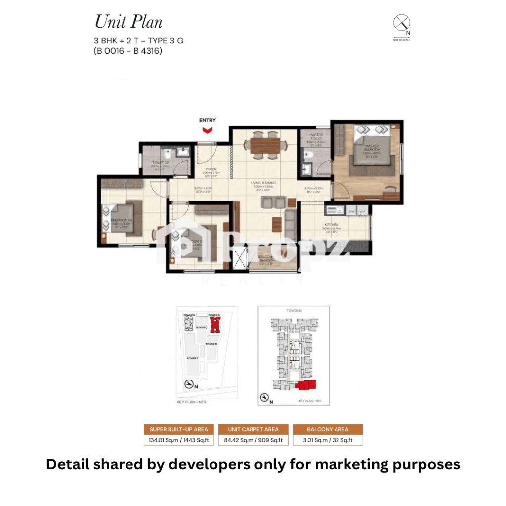 3 BHK + 2T floor plan — Brigade Belvedere