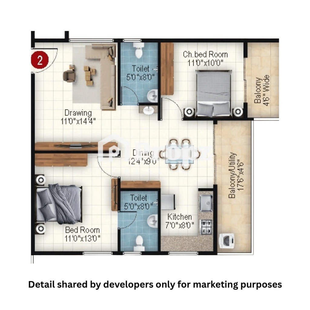 2 BHK floor plan — Anahata