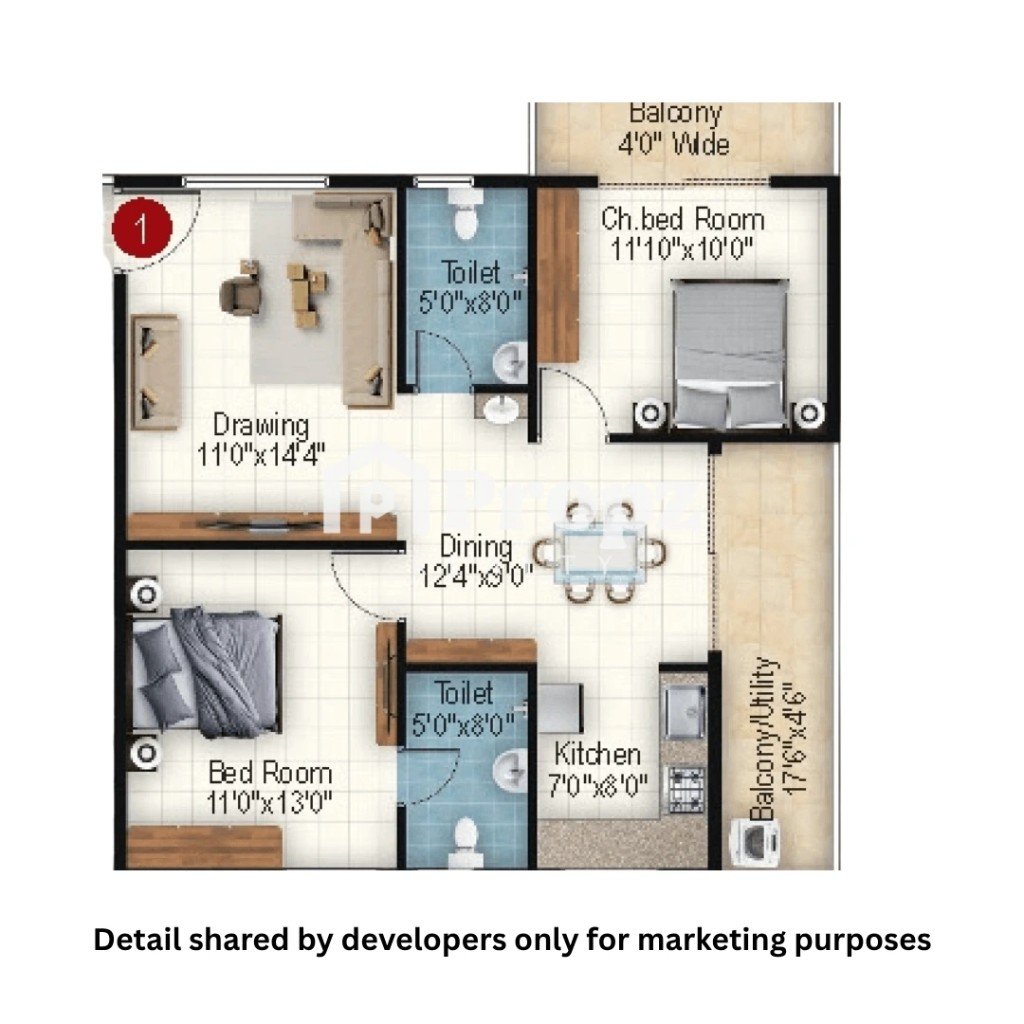 2 BHK floor plan — Anahata