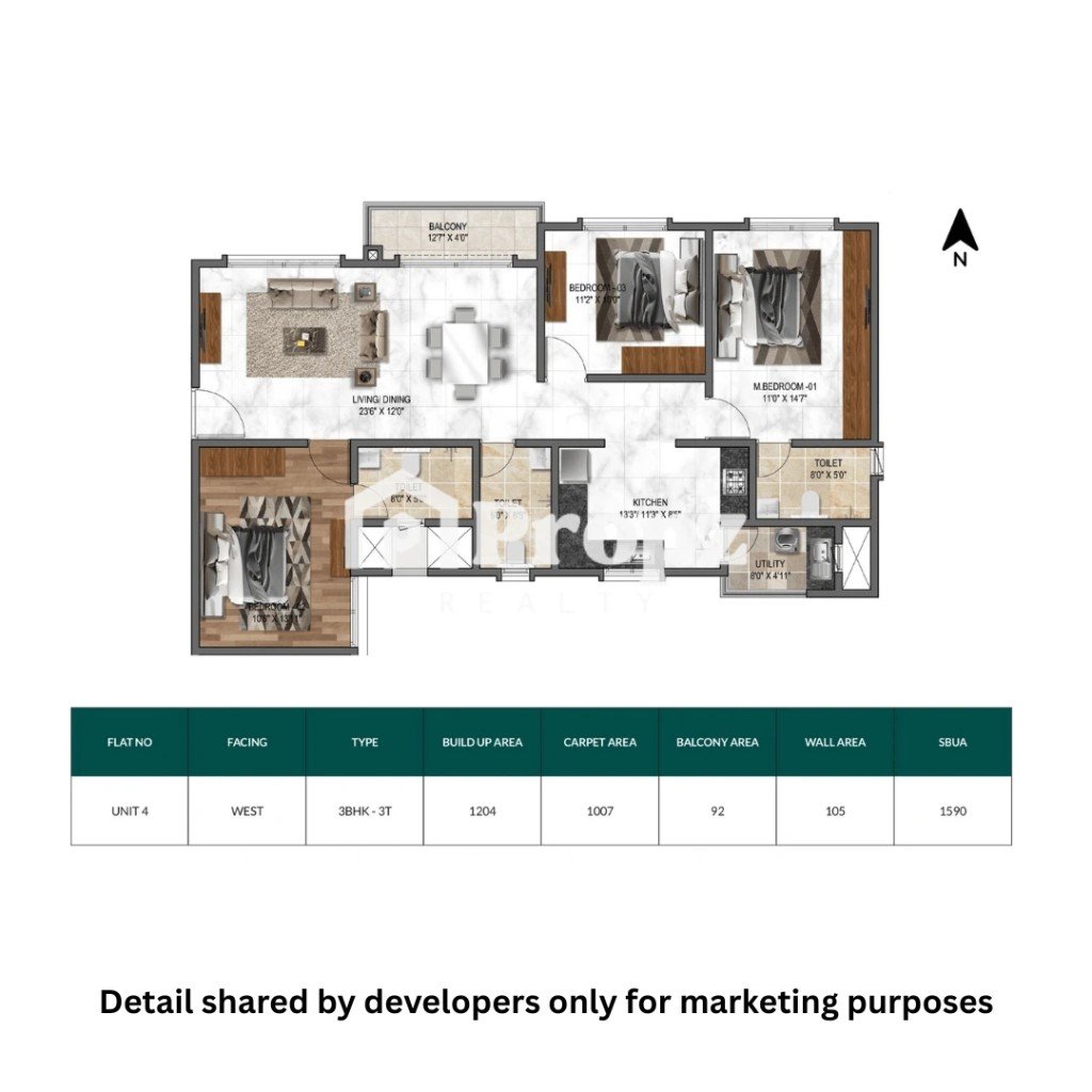3 BHK + 3T floor plan — Mana Dale