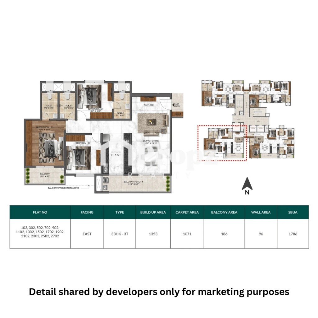3 BHK + 3T floor plan — Mana Dale