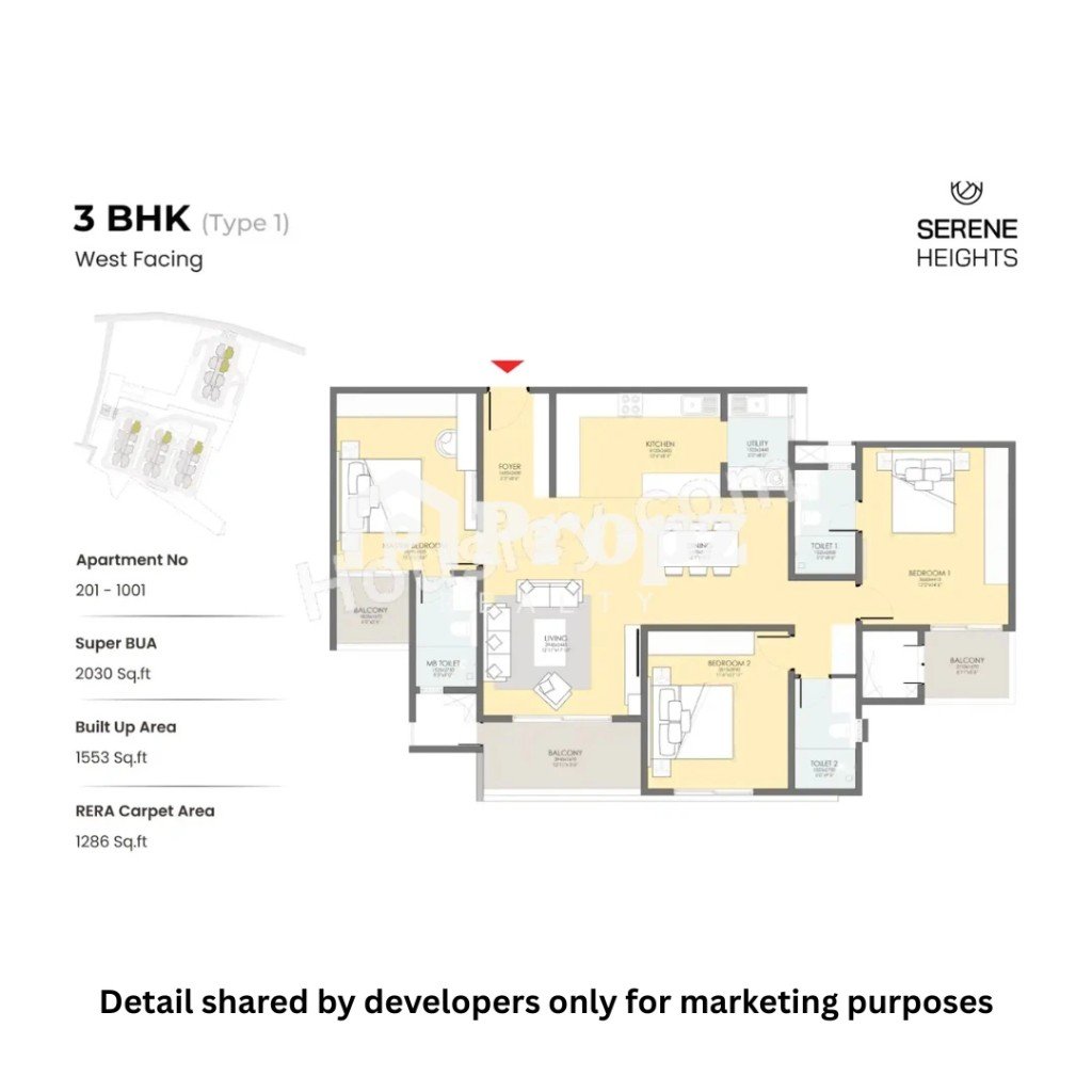 3 BHK (Type 1, 3, 4 & 5) floor plan — Serene Heights