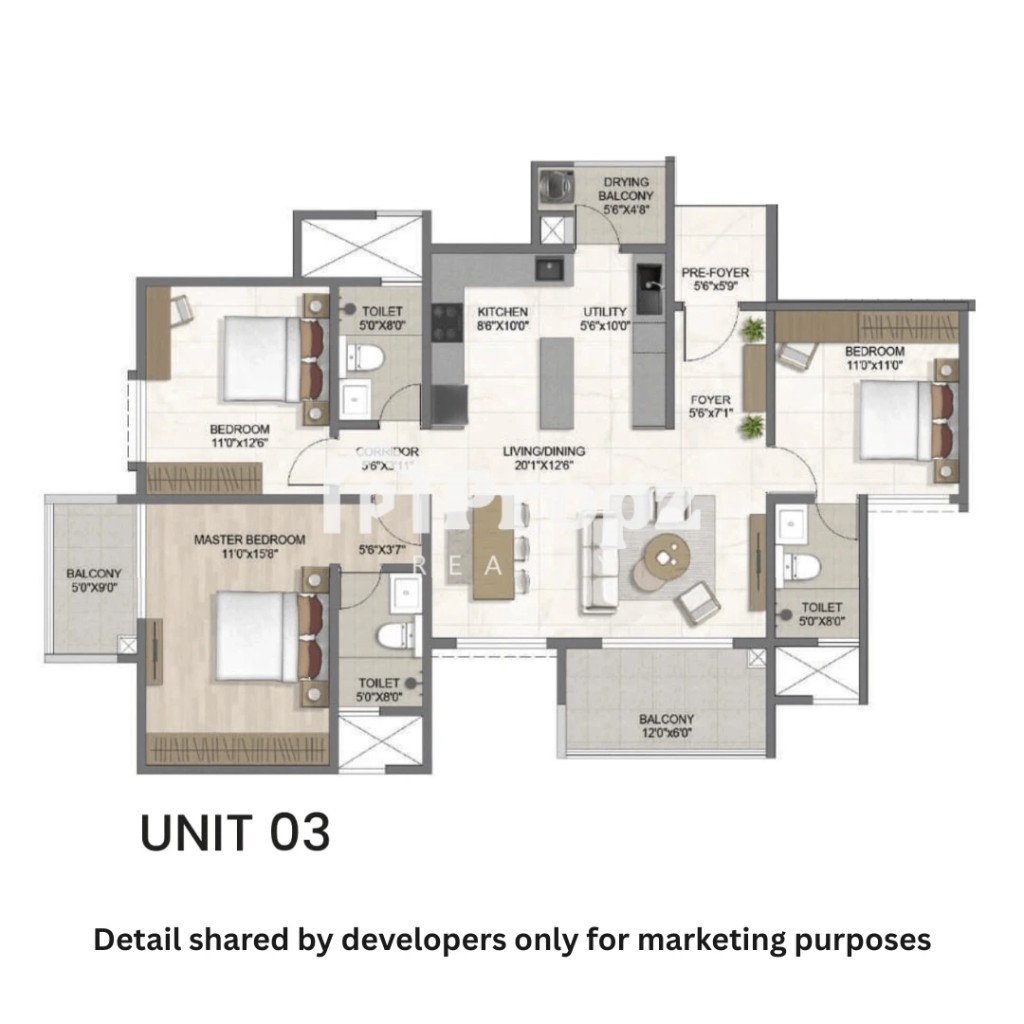 3 BHK floor plan — The Earthscape by Bricks & Milestones