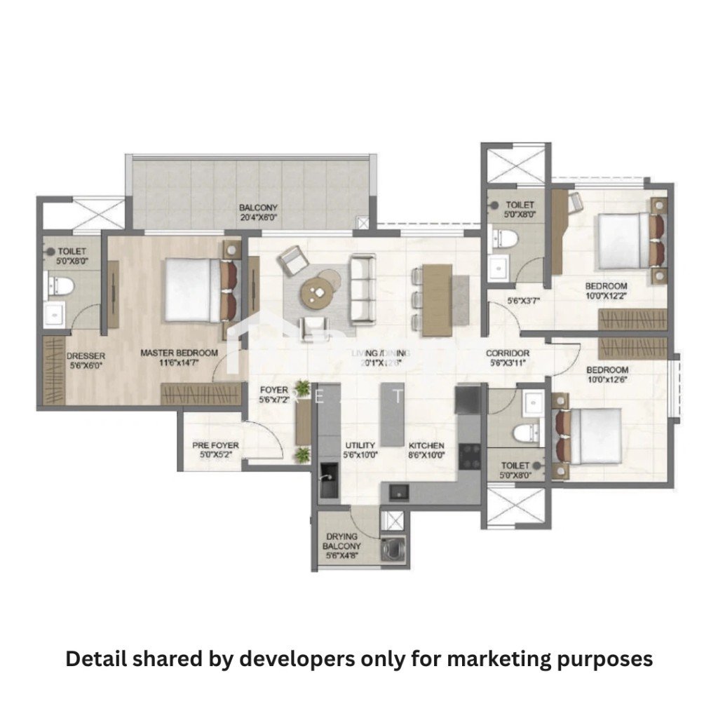3 BHK floor plan — The Earthscape by Bricks & Milestones