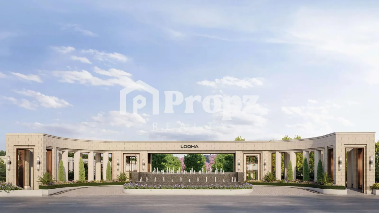 Grand entrance gate of Lodha Beaumont Estate with beige stone facade, columns, and landscaped fountains