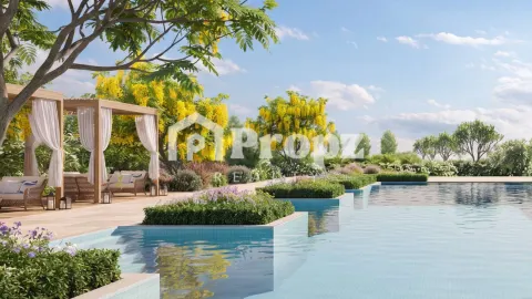 Outdoor swimming pool with cabanas, flowering trees, and manicured hedges