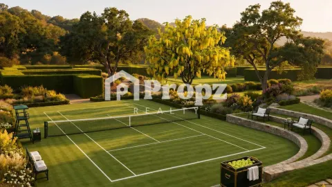 Grass tennis court surrounded by mature trees and landscaped gardens with seating area