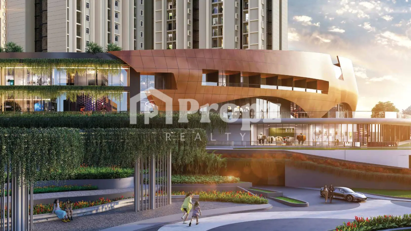 Modern clubhouse entrance with curved copper facade and landscaped driveway at Purvankara Northern Lights