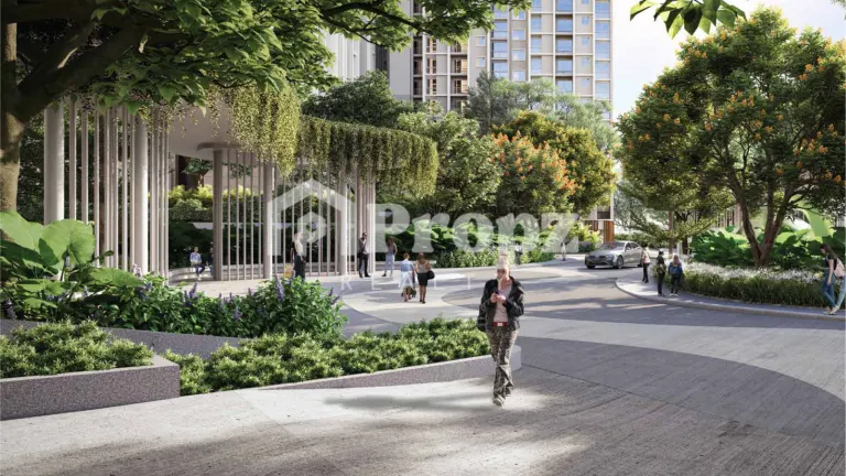 Tree-lined pedestrian walkway with vertical column design leading to residential tower entrance