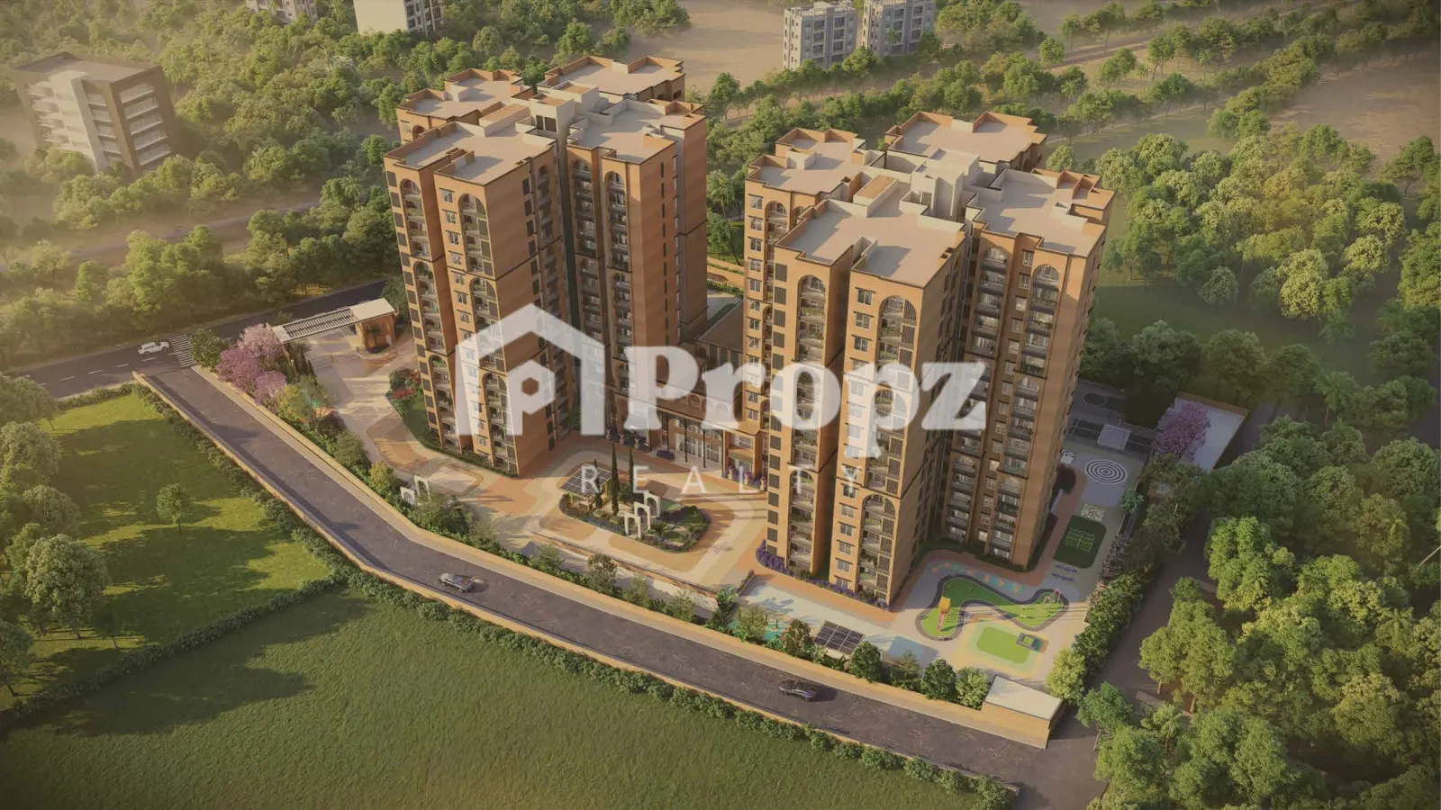 Aerial view of Sumadhura Solea residential towers with landscaped grounds and children's play area