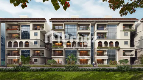 Multi-story residential building facade with balconies, arched windows, and mixed architectural styles