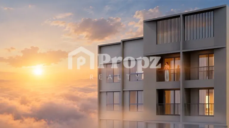 Close-up of residential building facade with balconies and vertical louvers at sunset