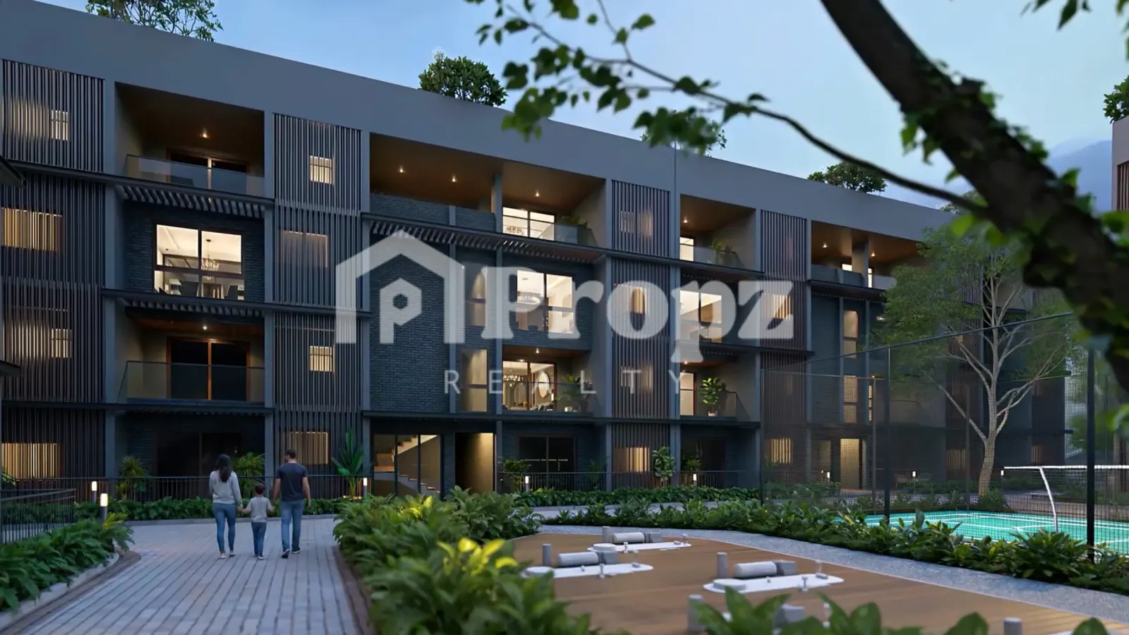 Modern residential building facade with balconies and landscaped courtyard featuring pool and seating area