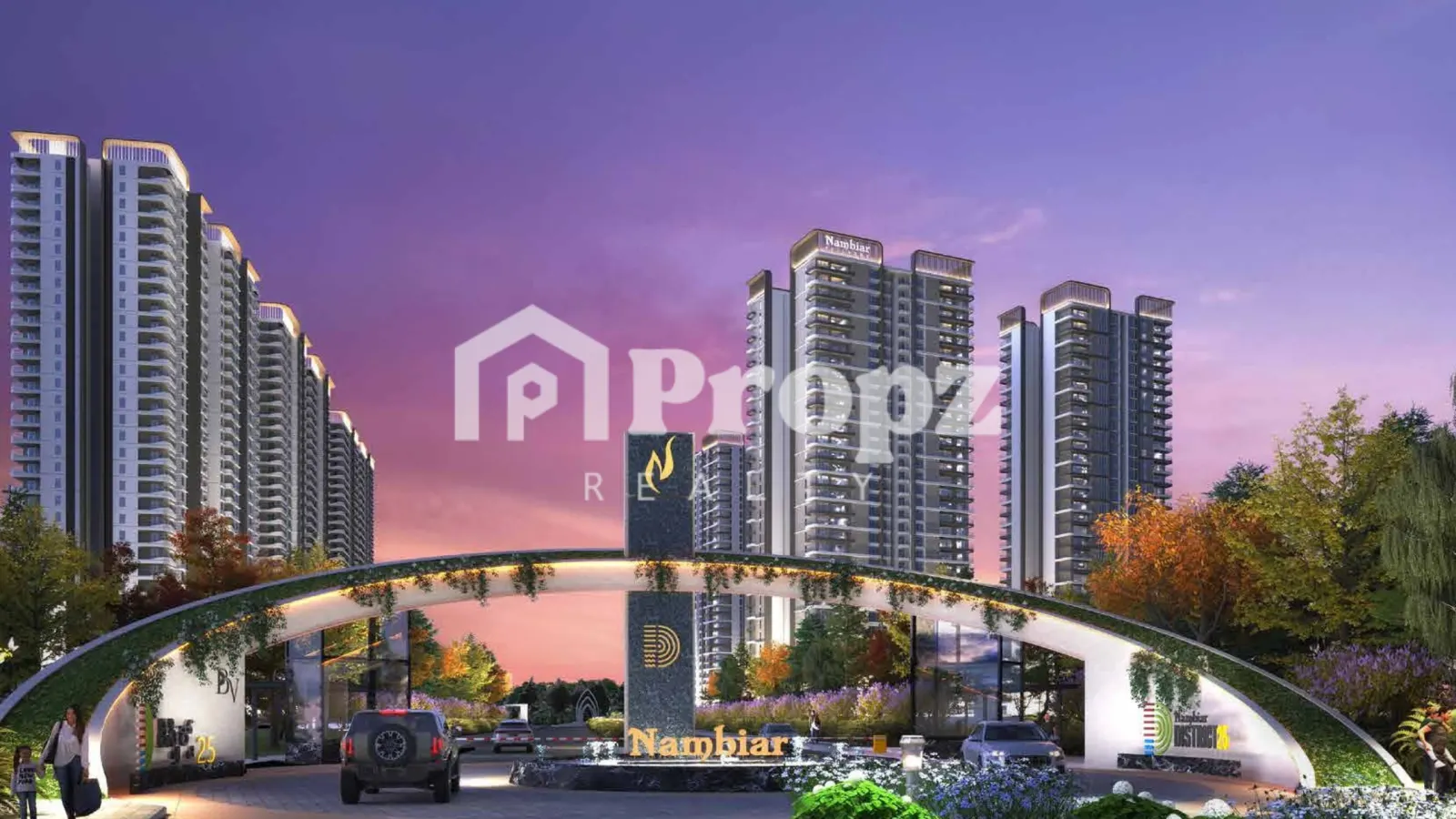 Nambiar District 25 Phase 2 entrance with modern arch gateway and high-rise residential towers at dusk