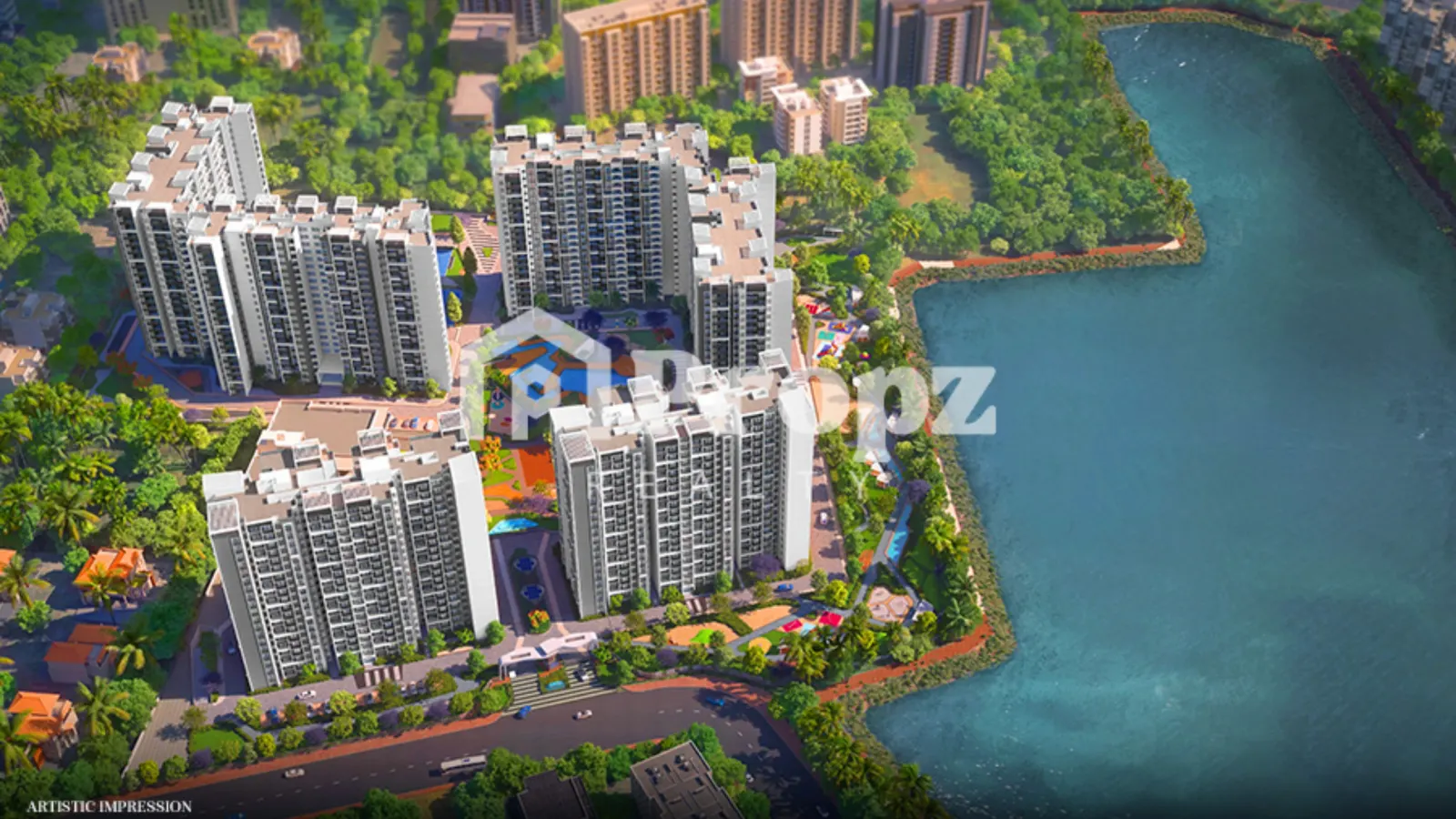 Aerial view of Sumadhura Folium residential towers with landscaped grounds and adjacent lake in Whitefield