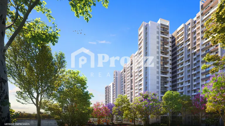Street view of Sumadhura Folium high-rise towers surrounded by trees and landscaping