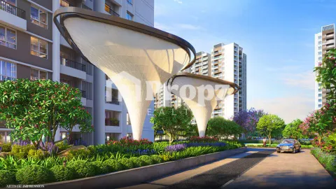 Modern sculptural entrance canopy with landscaped driveway at Sumadhura Folium