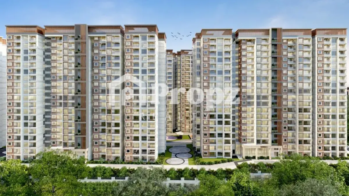 Aerial view of Sumadhura Solace residential towers with landscaped gardens in Thubarahalli, Bangalore