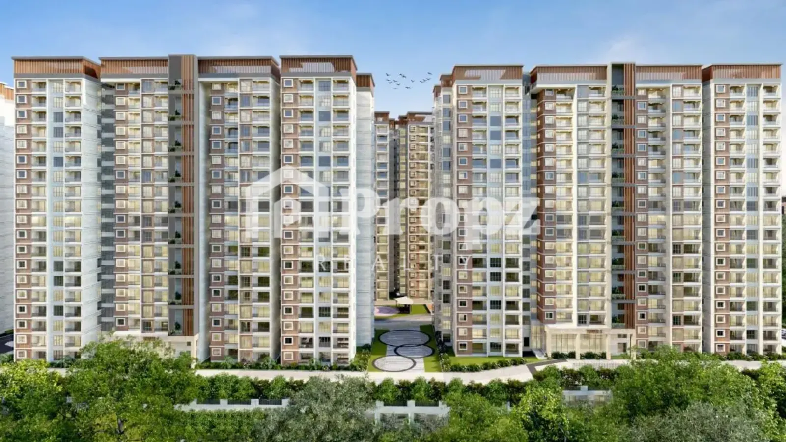 Aerial view of Sumadhura Solace residential towers with landscaped gardens in Thubarahalli, Bangalore