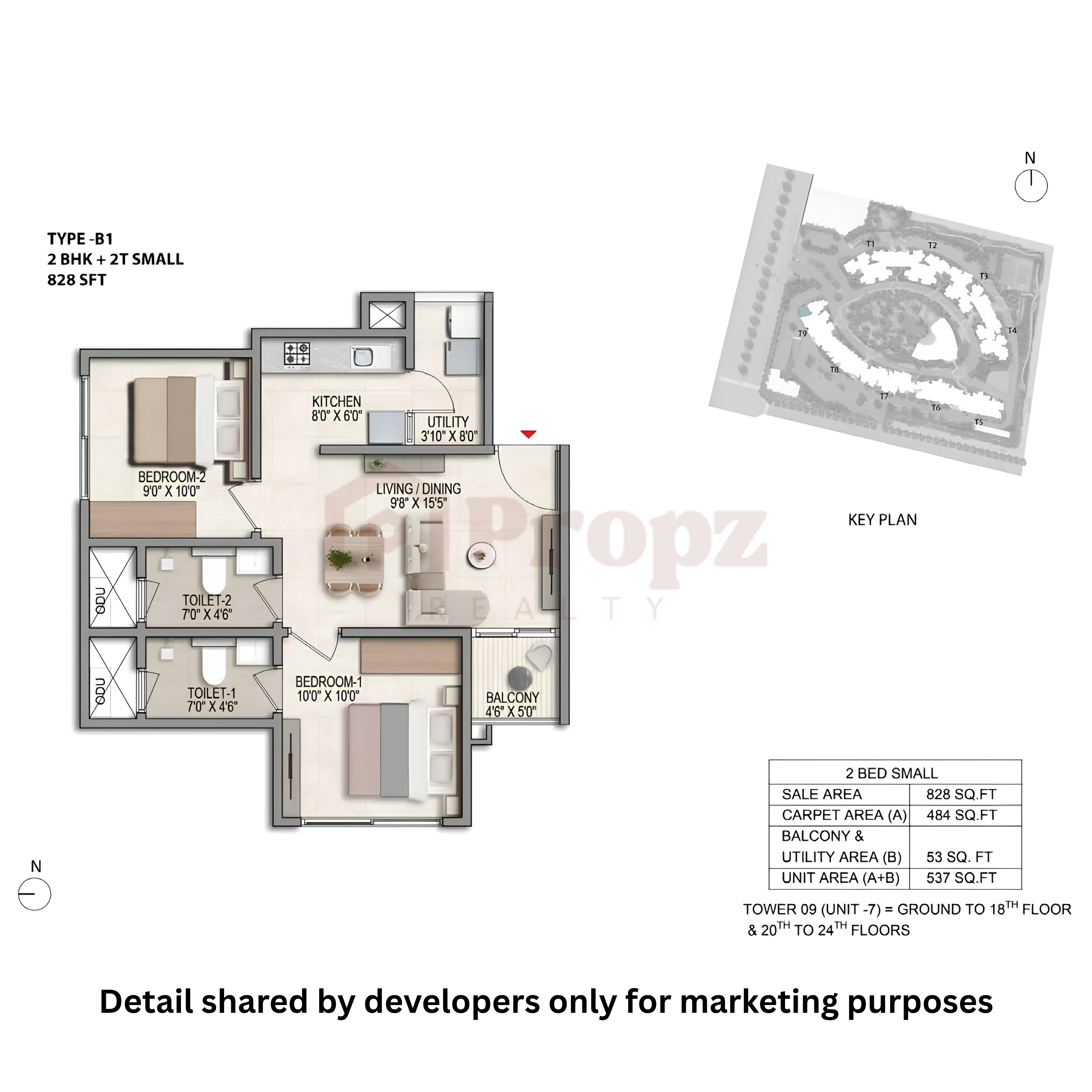 2 BHK +2T Small floor plan — Prestige Parklane