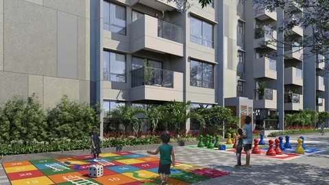 Outdoor children's play area with colorful board game and chess pieces at the base of residential towers