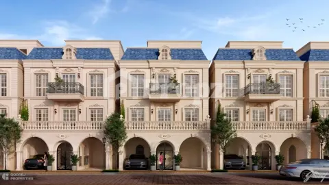 Front view of Godrej Florenne townhomes with blue roofs, balconies, and covered parking areas