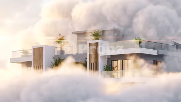 Modern white residential building facade with wooden slat accents and terrace planters surrounded by clouds