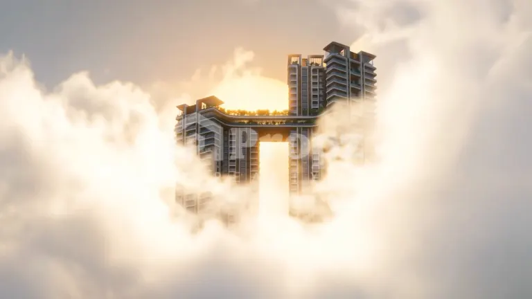 Aerial view of The Rise twin towers connected by sky bridge with landscaped terrace emerging from clouds