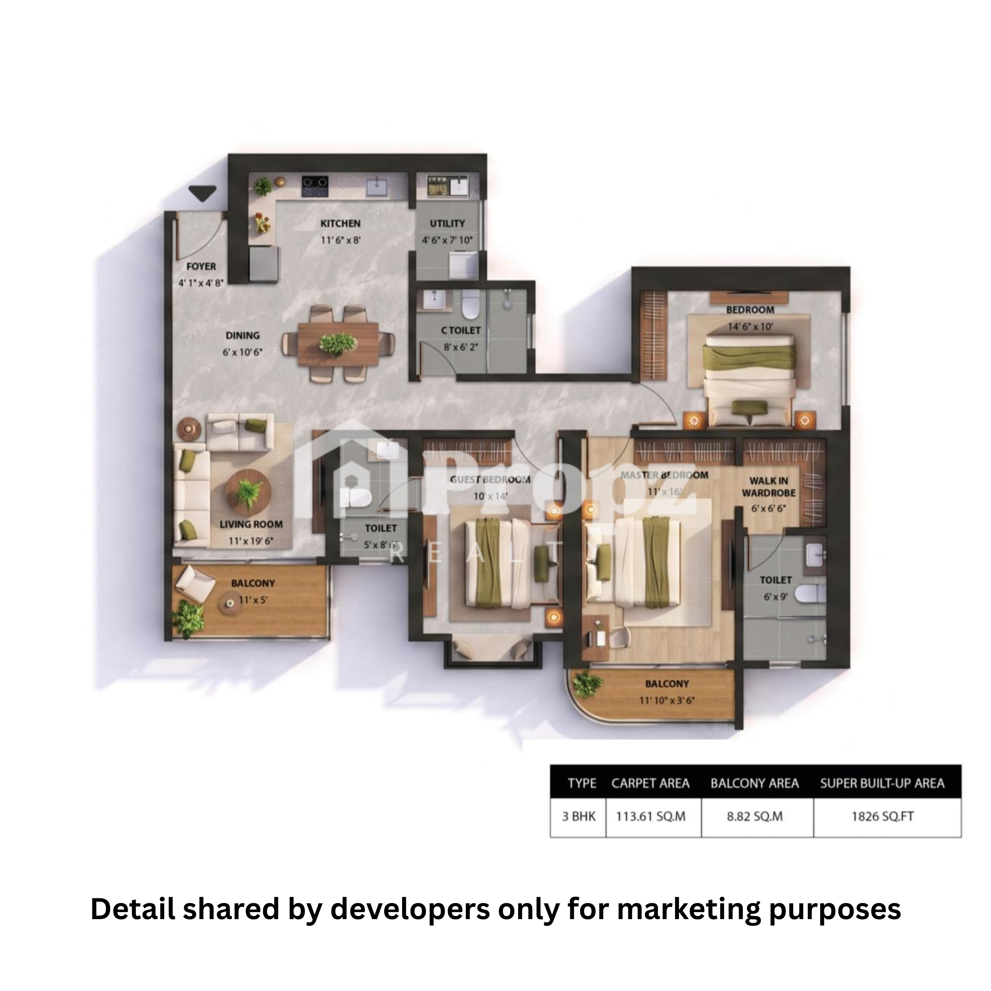 3 BHK floor plan — Ruchira The Rise