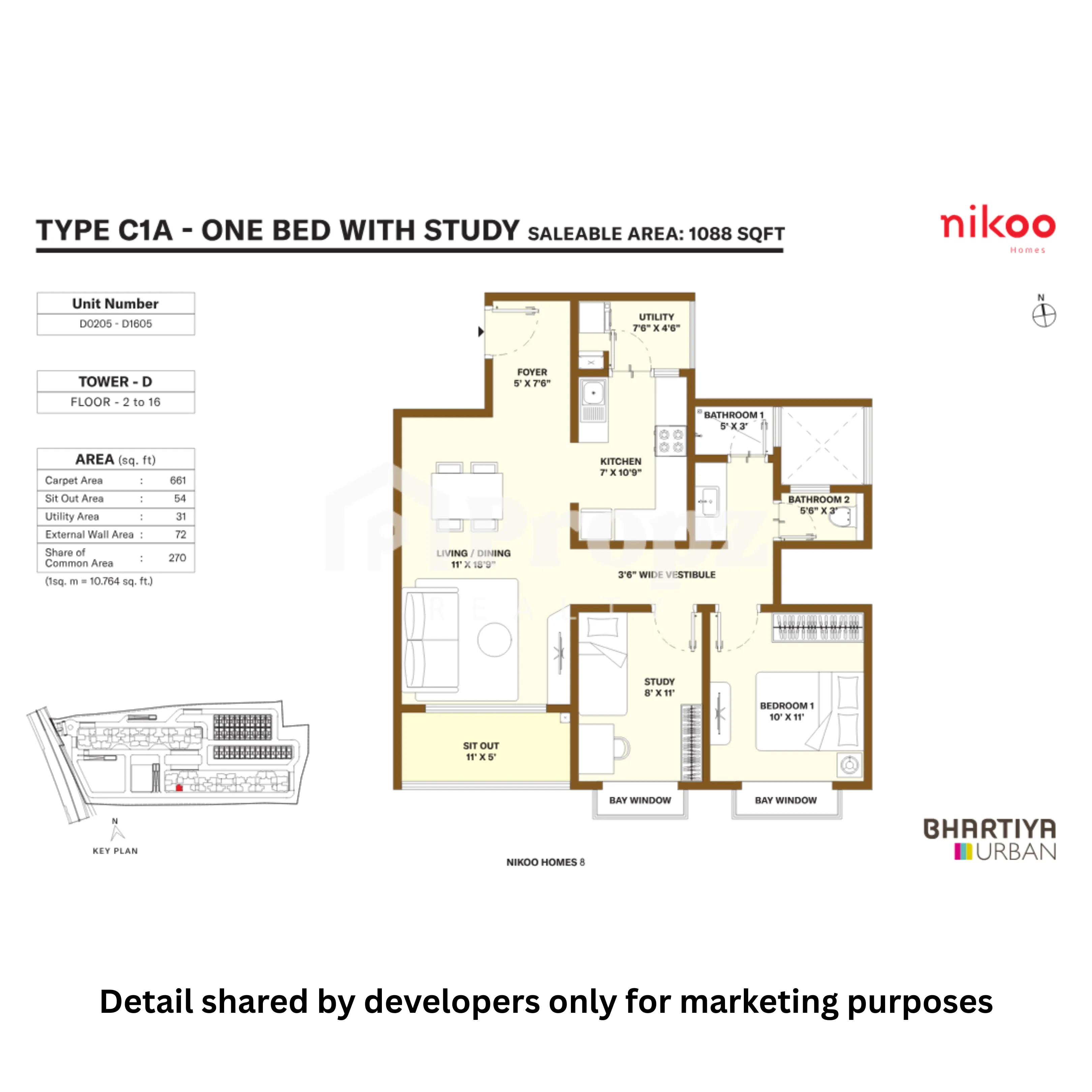 1 BHK + Study floor plan — Bhartiya Nikoo Homes 8