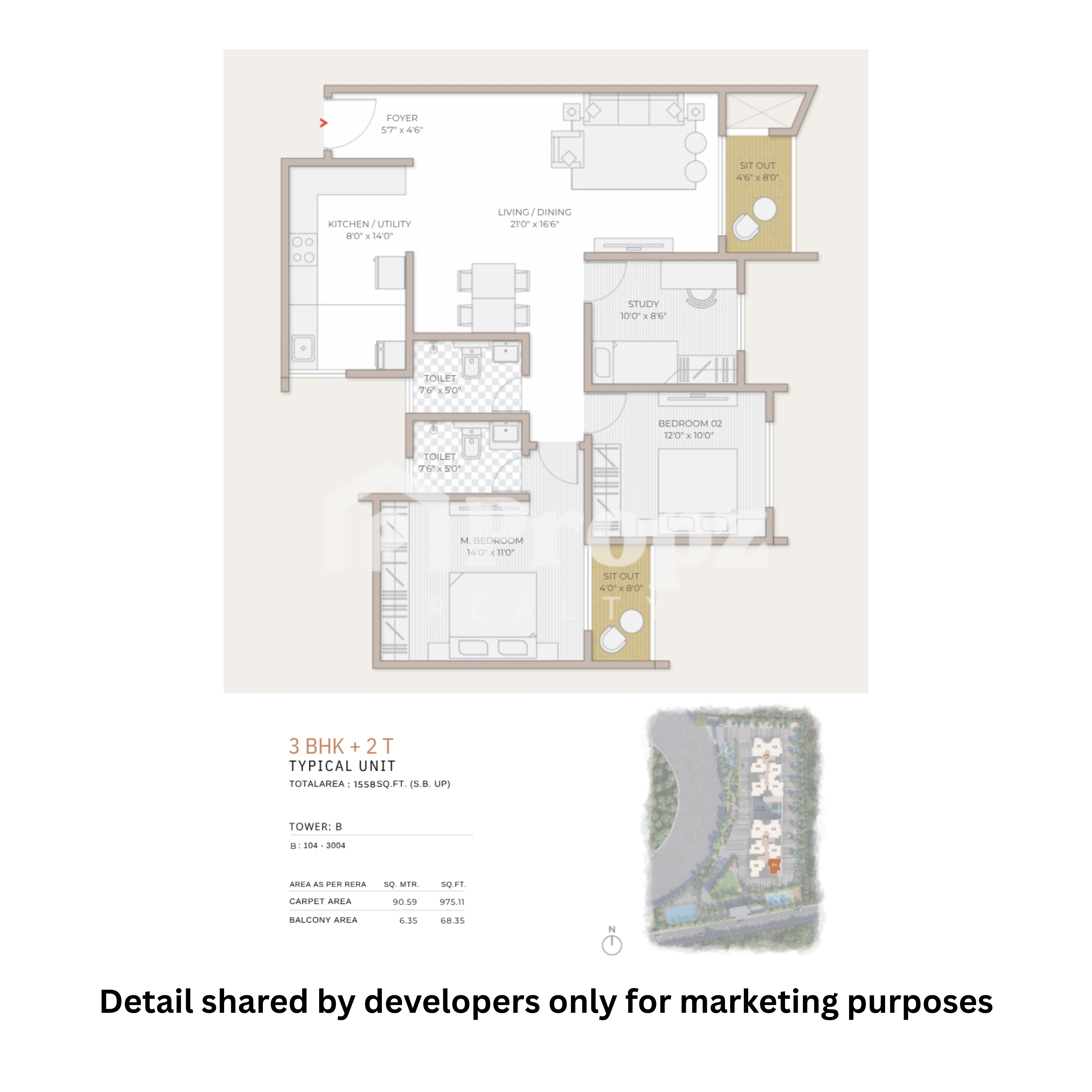3 BHK + 2T floor plan — Goyal and Co Orchid South Park