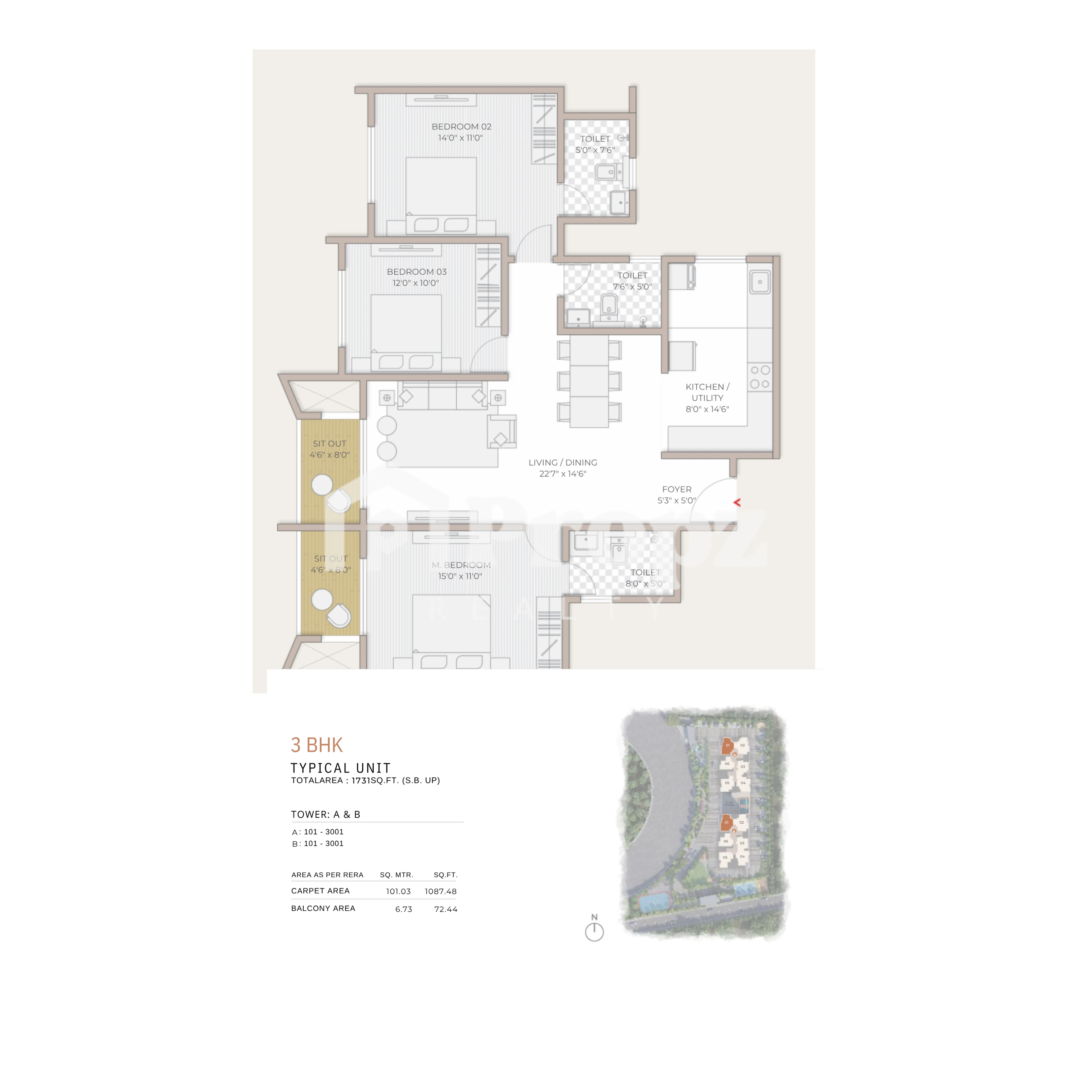 3 BHK + 3T floor plan — Goyal and Co Orchid South Park