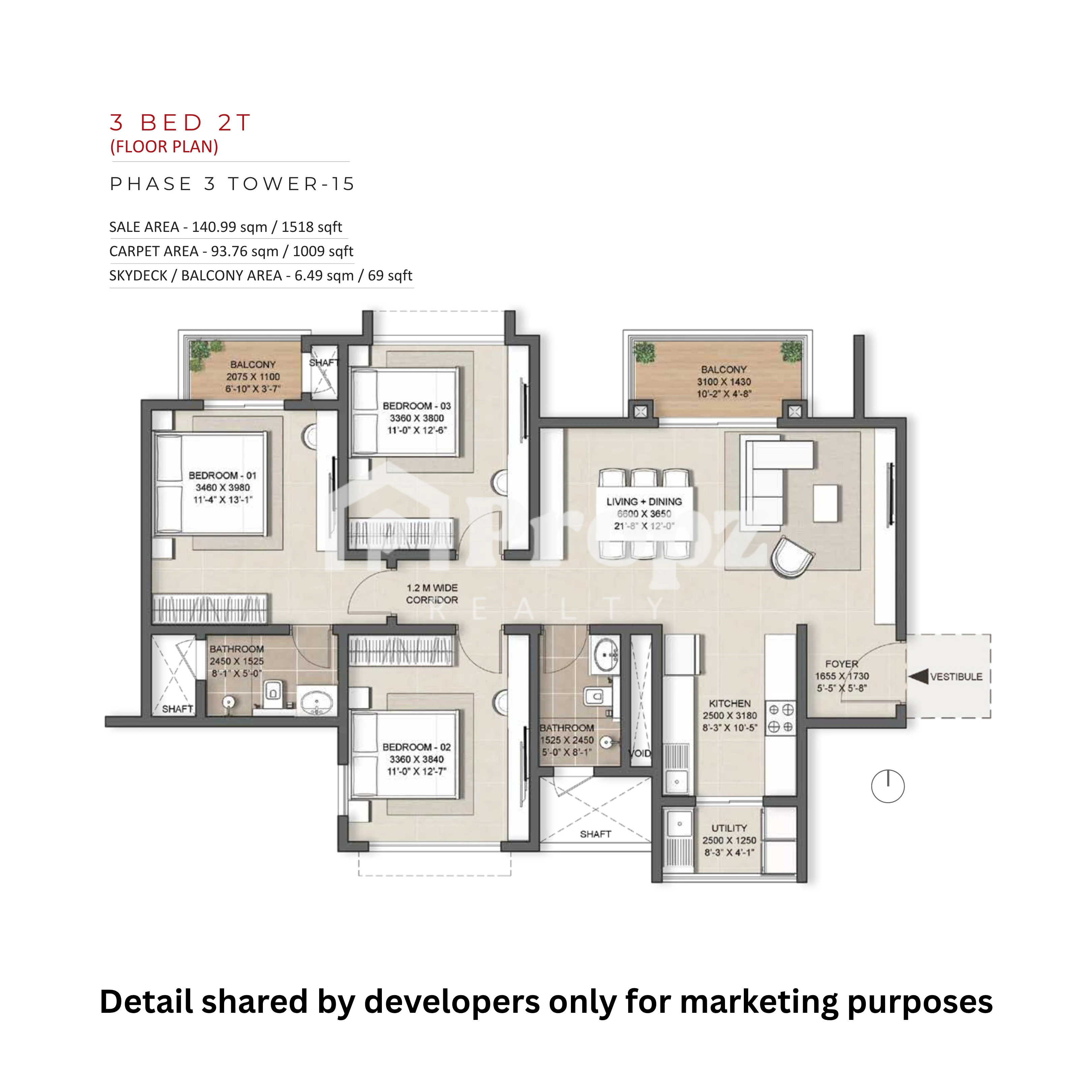 3 BHK + 2 T floor plan — Nambiar District 25 Phase 3