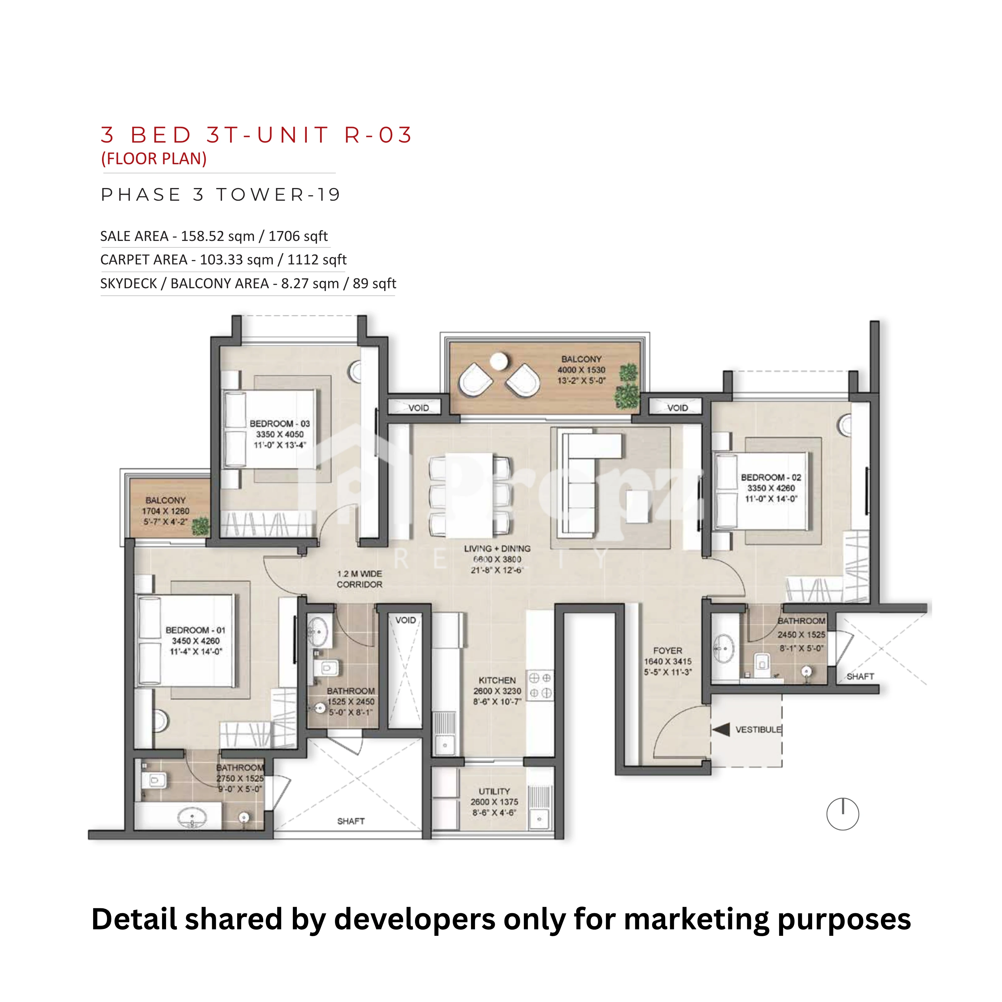 3 BHK Regular (Type 1) floor plan — Nambiar District 25 Phase 3