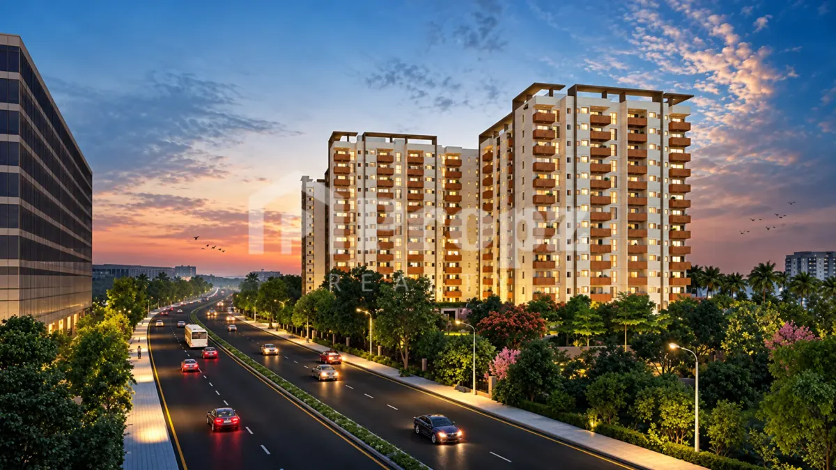 Assetz Soho & Sky residential towers at dusk with illuminated facades and landscaped roadway in Bengaluru