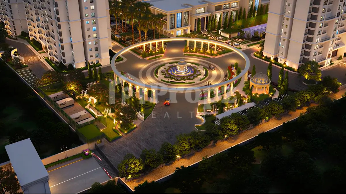 Aerial view of Sumadhura Edition Phase 2 entrance with circular fountain, landscaped gardens, and residential towers