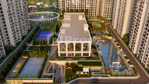 Aerial view of amenity deck with swimming pool, sports courts, clubhouse, and recreational areas between towers