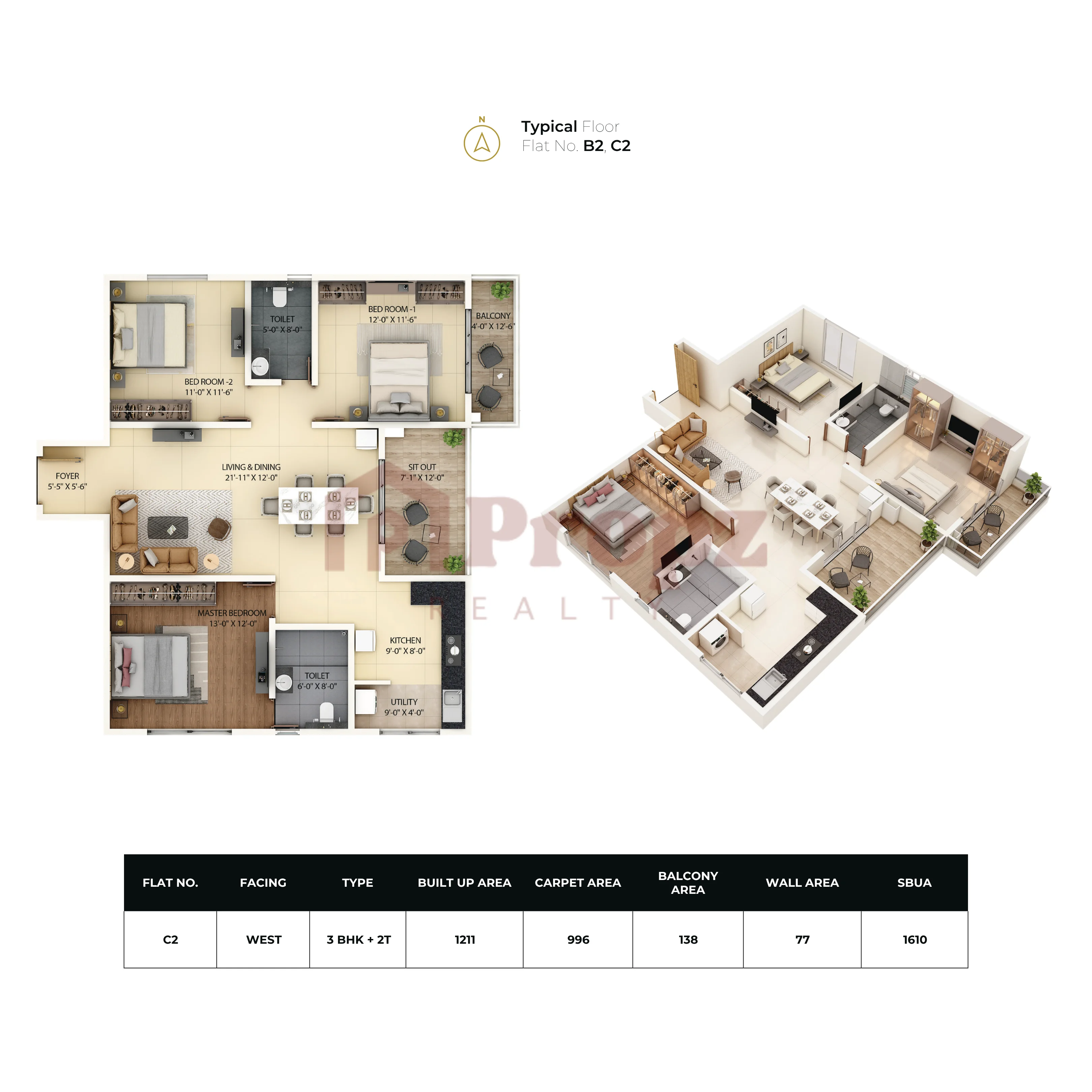 3BHK + 2T floor plan — Amberstone Ventara Residences
