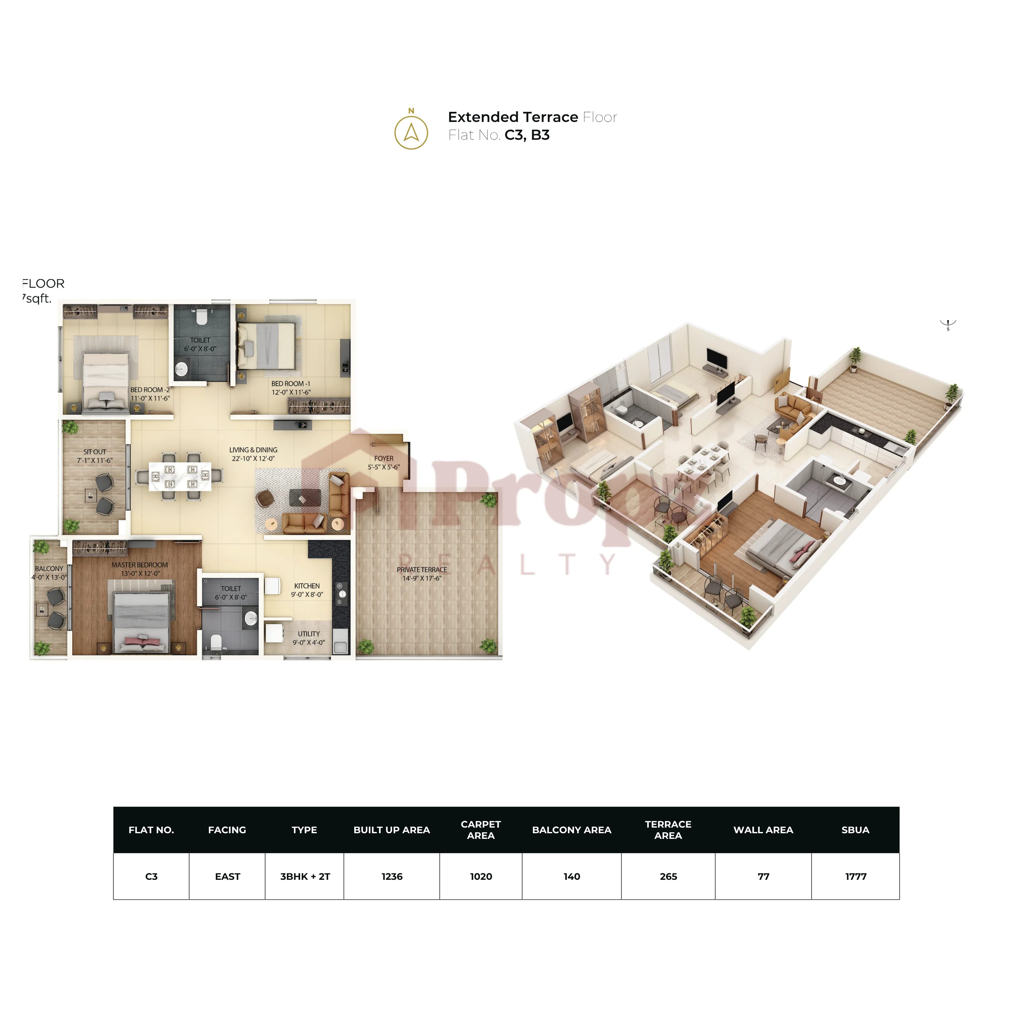 3 BHK + 2 T floor plan — Amberstone Ventara Residences