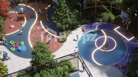 Outdoor children's play area and basketball court with LED lighting at Amberstone Vectra