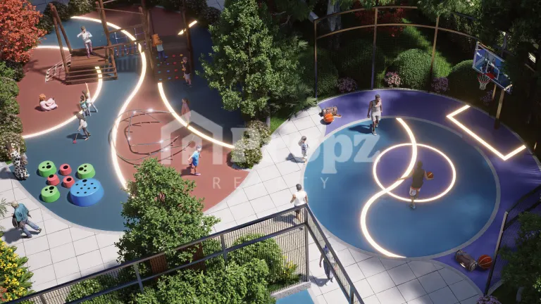 Outdoor children's play area and basketball court with LED lighting at Amberstone Vectra