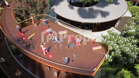 Elevated wooden deck yoga and fitness area with modern pavilion structure