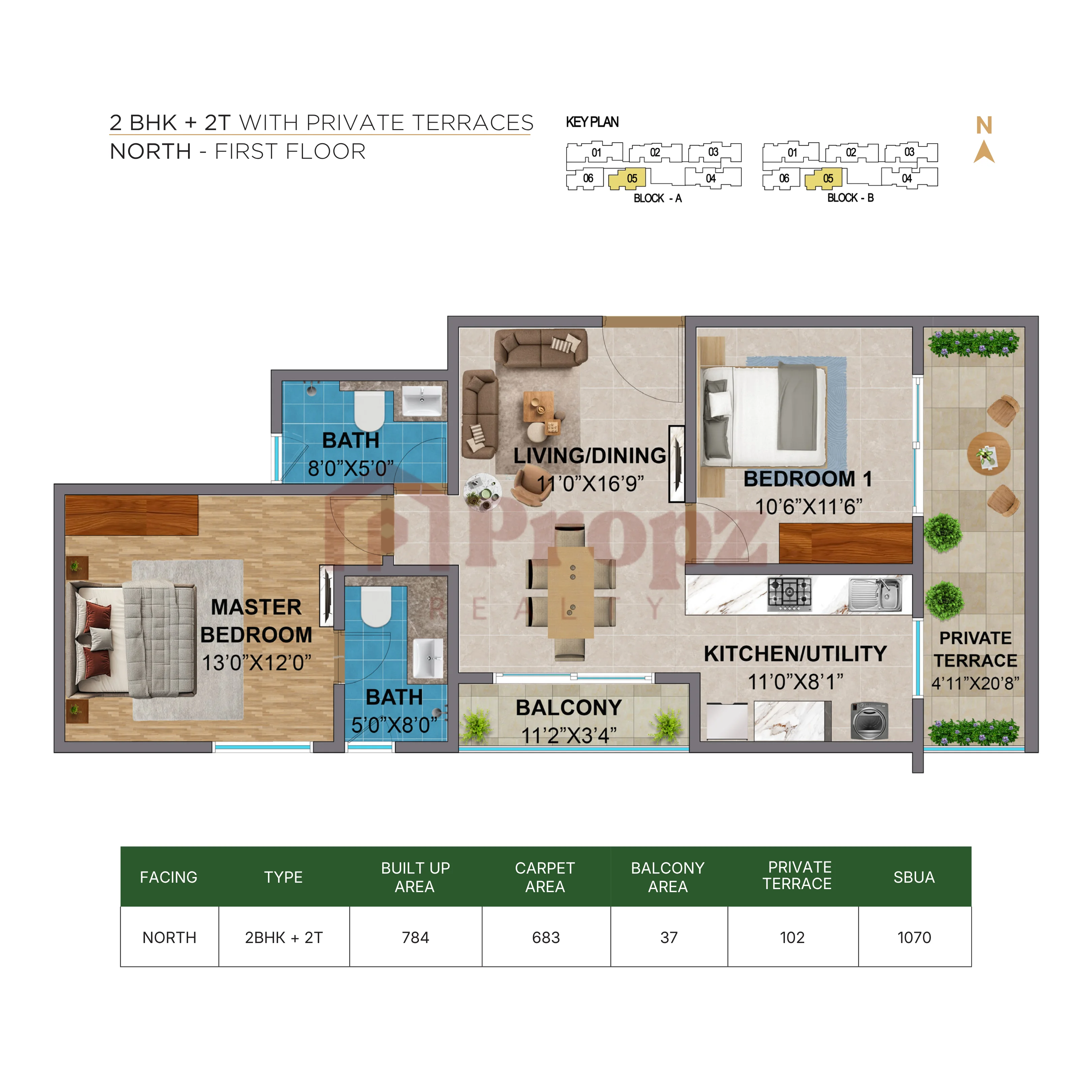 2 BHK + 2T floor plan — Amberstone Vectra